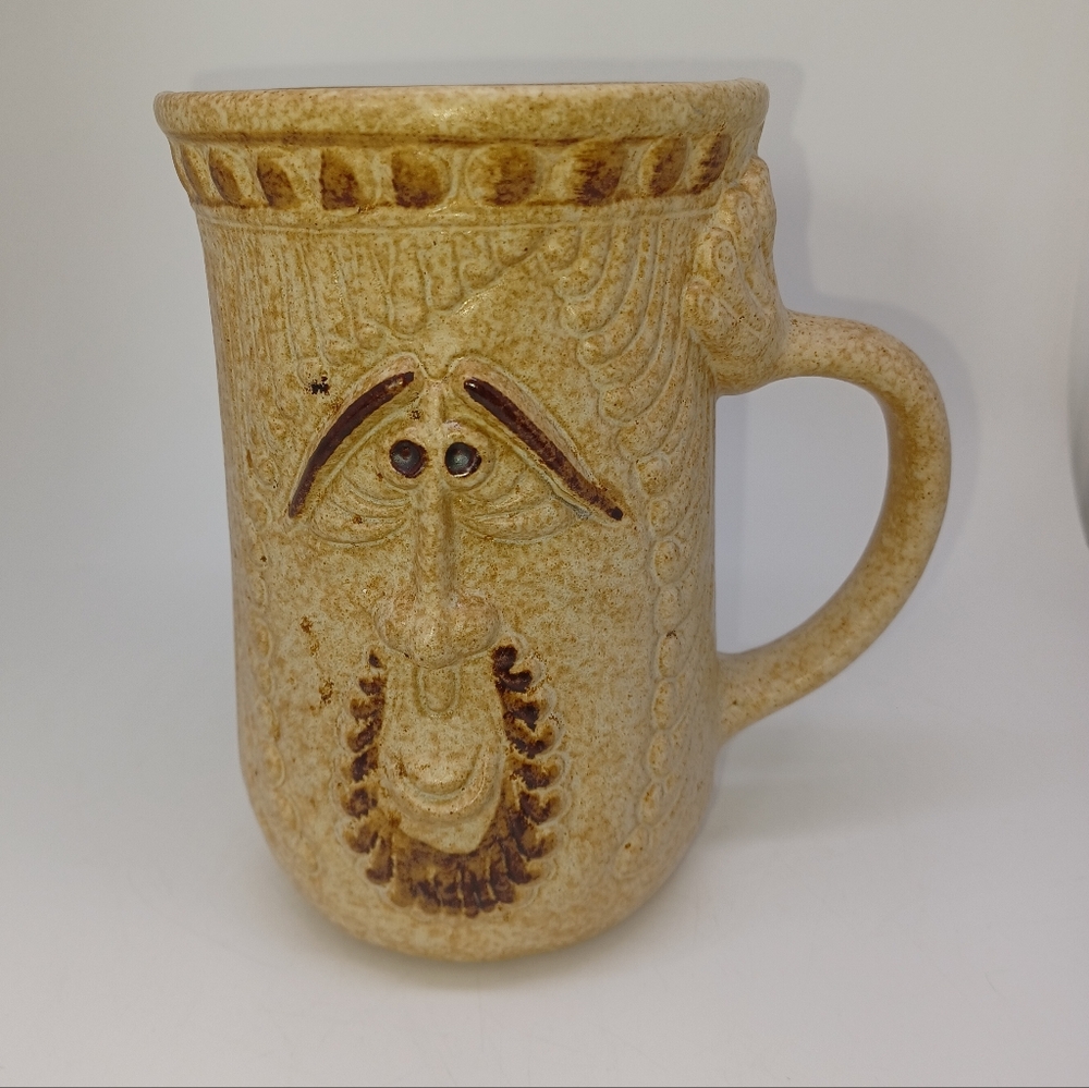 Vintage 1970's Pottery Craft Glazed Stoneware Pottery 24 oz. Man's Face Goatee